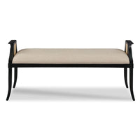 Alternate view of Keswick Bench, featuring upholstered seat, hardwood, cane, and fixed armrests with cane inserts.