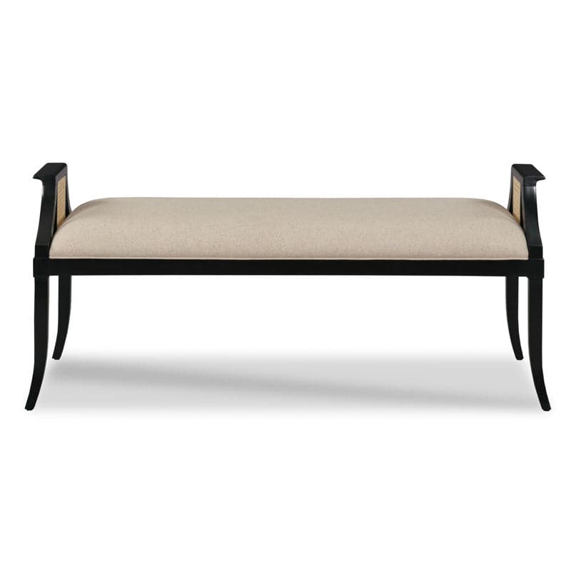 Alternate view of Keswick Bench, featuring upholstered seat, hardwood, cane, and fixed armrests with cane inserts.