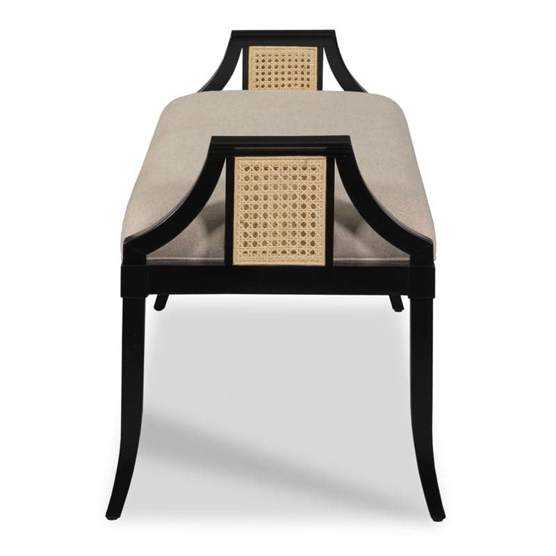 Additional view of Keswick Bench in black and beige, featuring upholstered seat and fixed armrests with cane inserts.