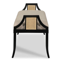 Additional view of Keswick Bench in black and beige, featuring upholstered seat and fixed armrests with cane inserts.