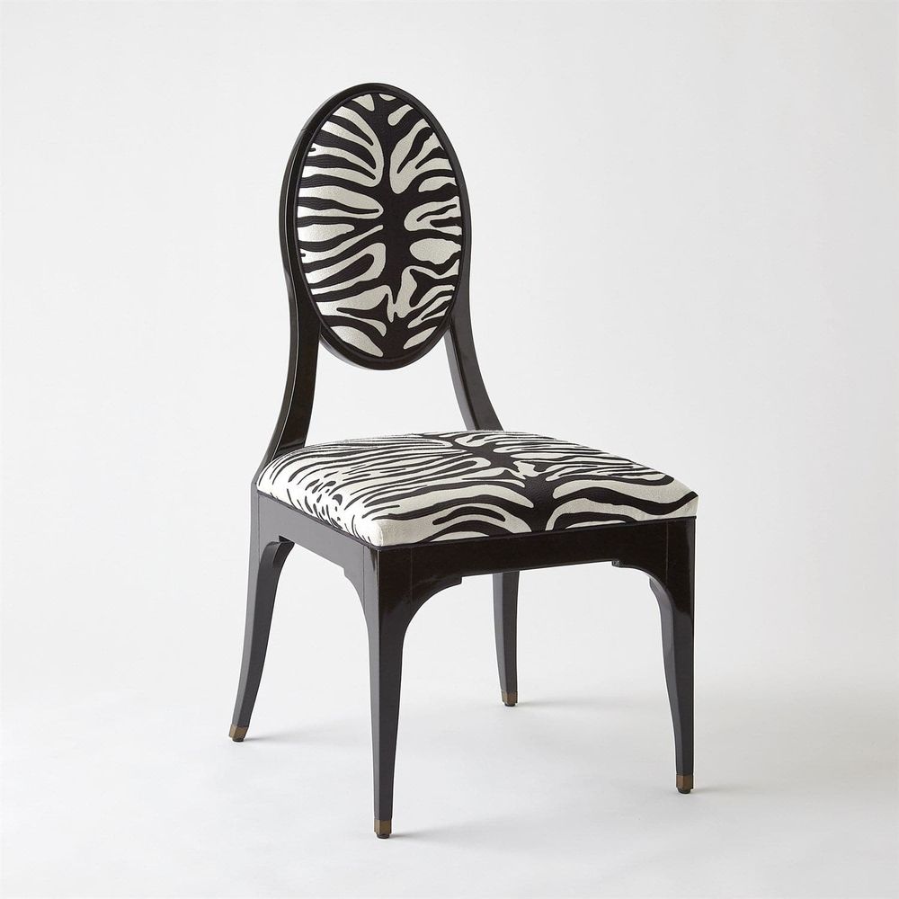 Additional view of Harlow Zebra Dining Chair in black and white, featuring glossy lacquer and fixed armless frame.