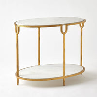 Iron/Stone Side Table, shown in white and gold with marble, iron, and two-tier oval shelves.
