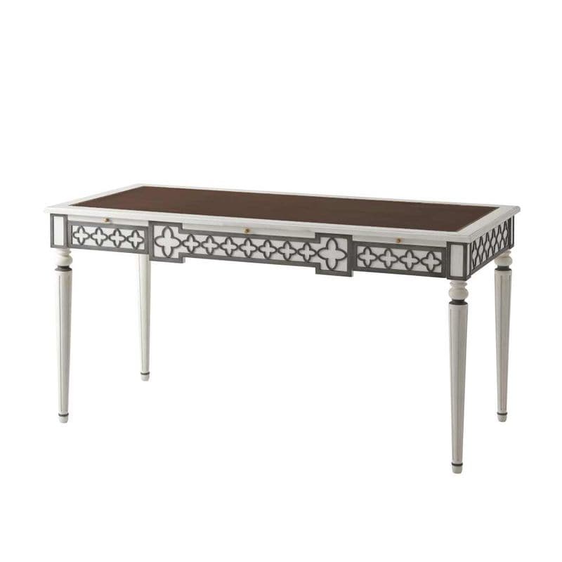 Mirabella Writing Table, shown in white and brown with wood, leather, and a integrated leather writing surface.