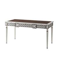 Mirabella Writing Table, shown in white and brown with wood, leather, and a integrated leather writing surface.
