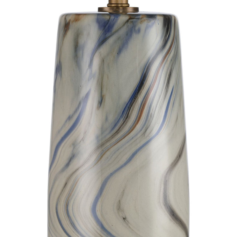 Alternate view of Rivulet Table Lamp, featuring glossy marbleized finish, ceramic, fabric, and a drum shade.
