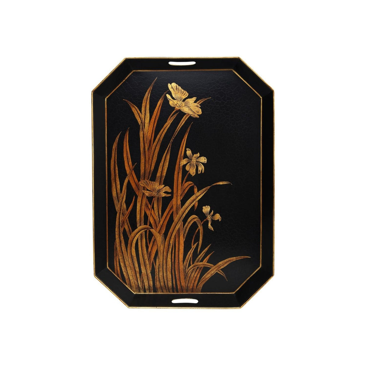 Additional view of Glasshouse Tole Tray Set of 2 in black and gold, featuring glossy lacquer and cutout side handles.