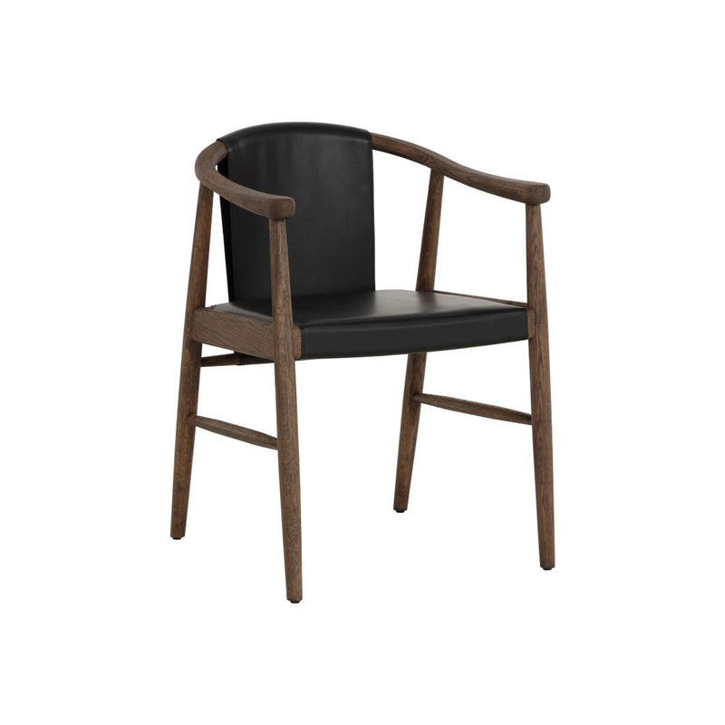 Aran Dining Armchair, shown in black and medium brown with wood, leather, and fixed arms.
