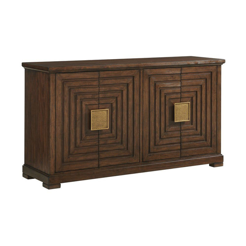 Los Gatos Buffet, shown in dark walnut brown and espresso brown with walnut wood, hardwood, and four hinged cabinet doors.