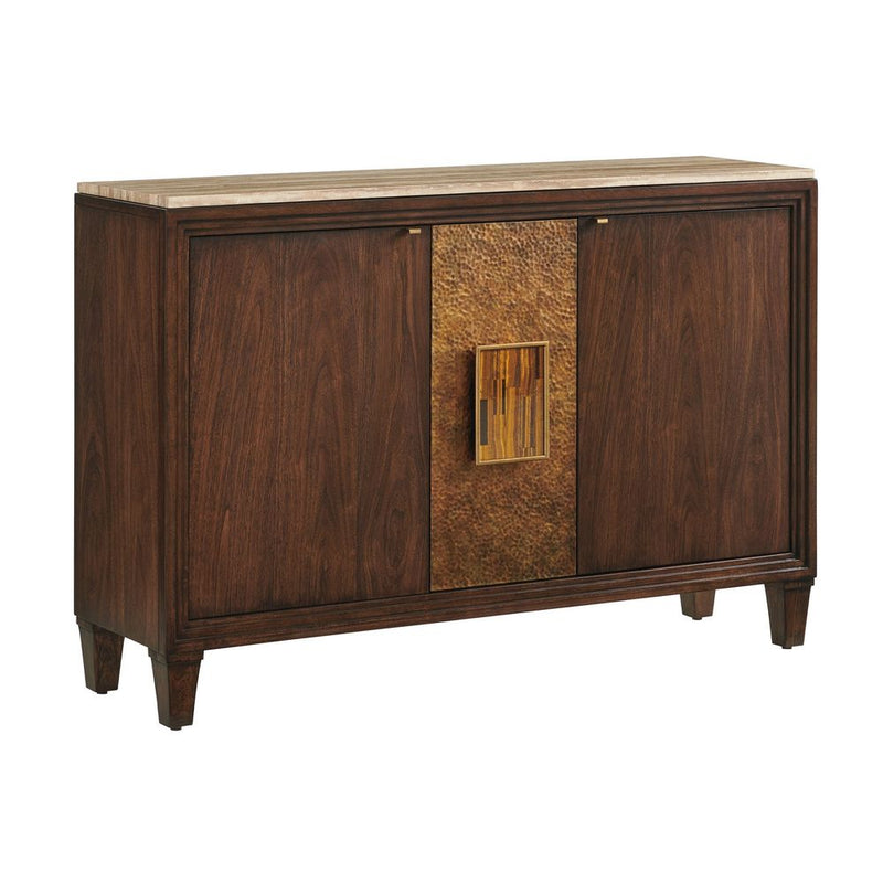 Santa Clara Hall Chest With Stone Top, shown in dark walnut brown and warm beige stone with walnut veneer and natural stone.