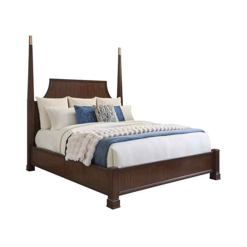 Essex Poster Bed 6/6 King, shown in dark walnut brown and espresso with quartered walnut veneer and wood.