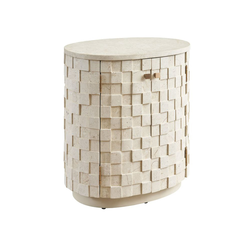 Albion Stone Oval Nightstand, shown in ivory and cream with limestone, stone veneer, and dual hinged cabinet doors.