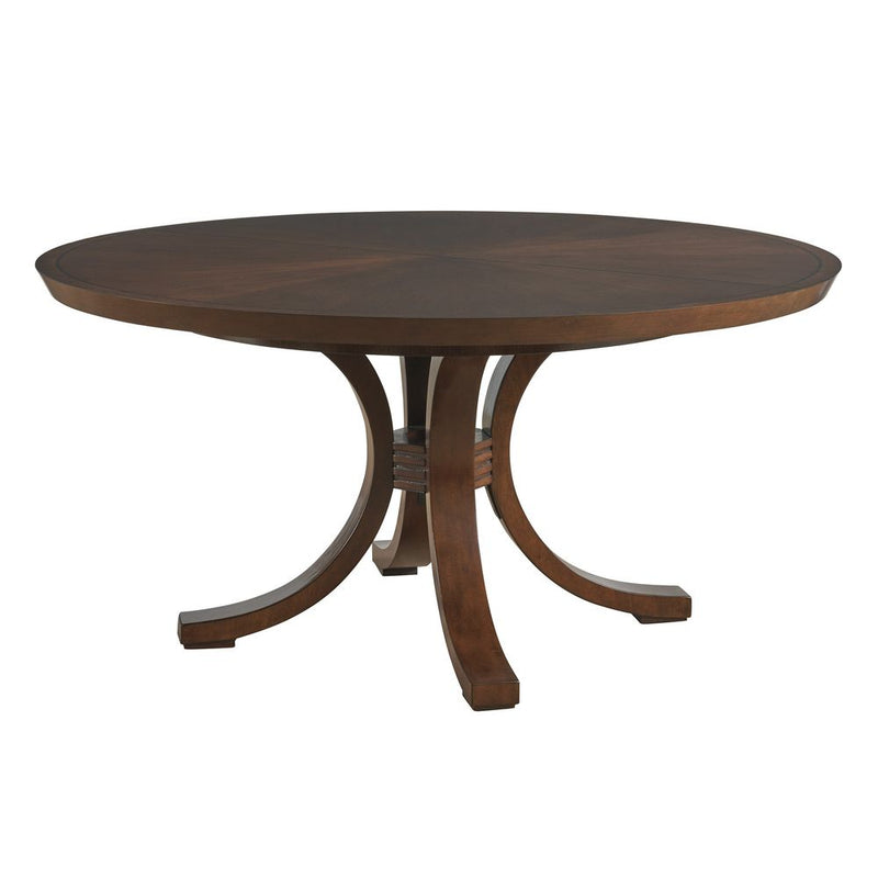 Warwick Round Dining Table, shown in warm walnut brown and medium-dark brown with walnut wood and wood veneer.