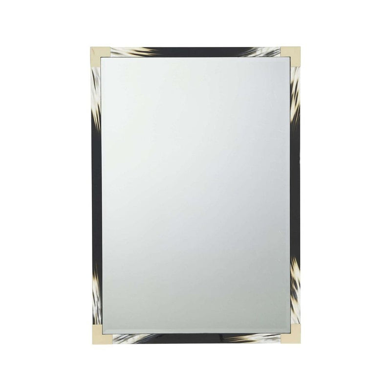 Small Cutting Edge Wall Mirror, shown in black and ivory with glass, faux horn, and wall-mountable flat back.