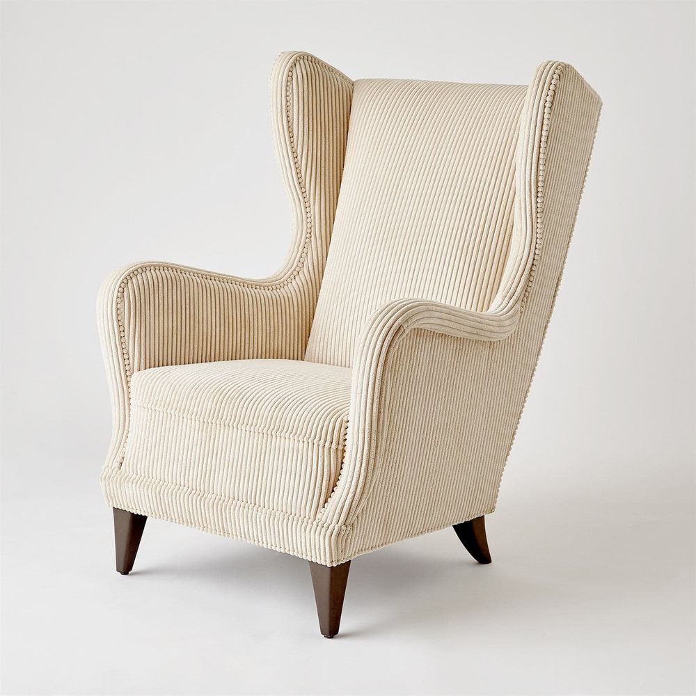 Alternate view of Wing Chair, featuring ribbed textile finish, corduroy fabric, wood, and fixed arms.