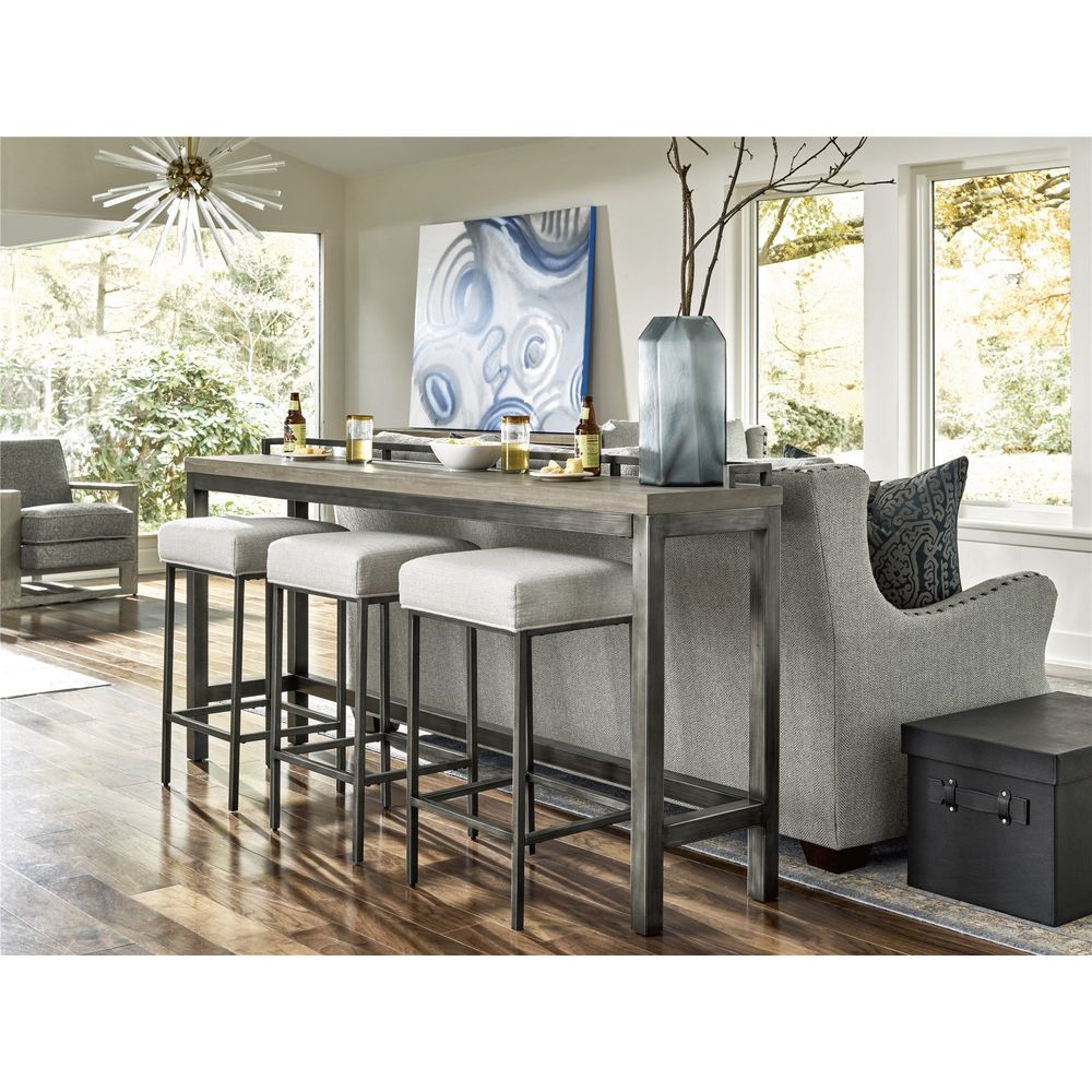 Alternate view of Mitchell Console Stool, featuring woven upholstery finish, fabric, metal, and backless armless design.
