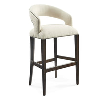 Annabelle Bar Stool, shown in cream and ivory with fabric upholstery, leather upholstery, and fixed curved arms.