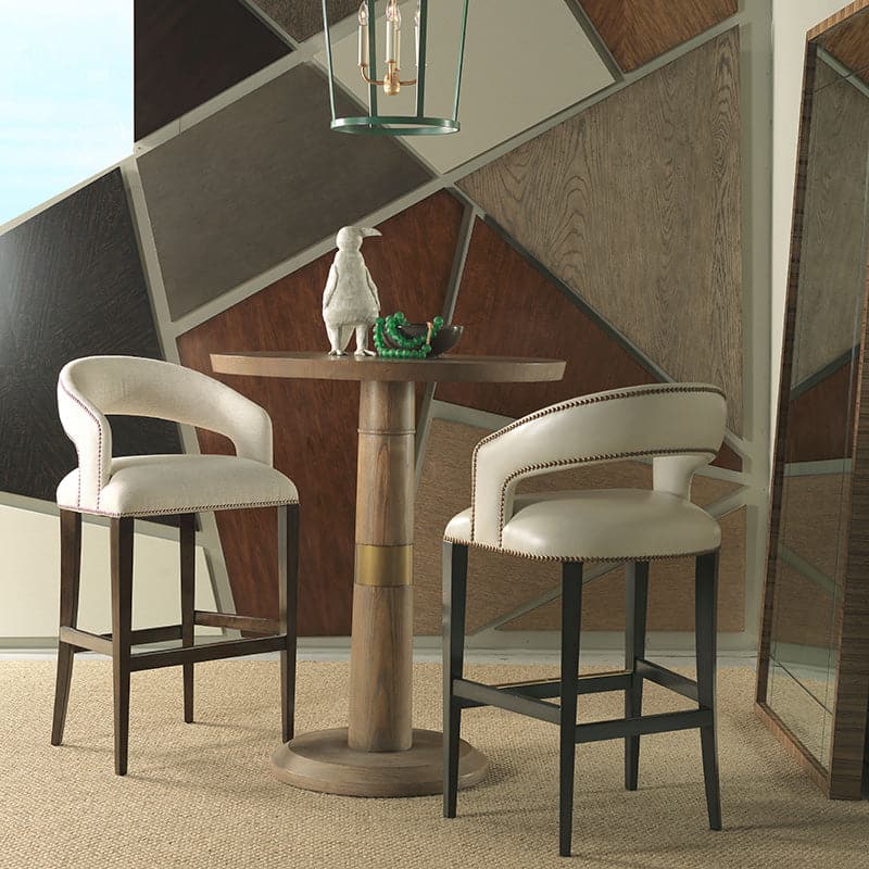Additional view of Annabelle Bar Stool in cream and ivory, featuring matte wood stain and fixed curved arms.