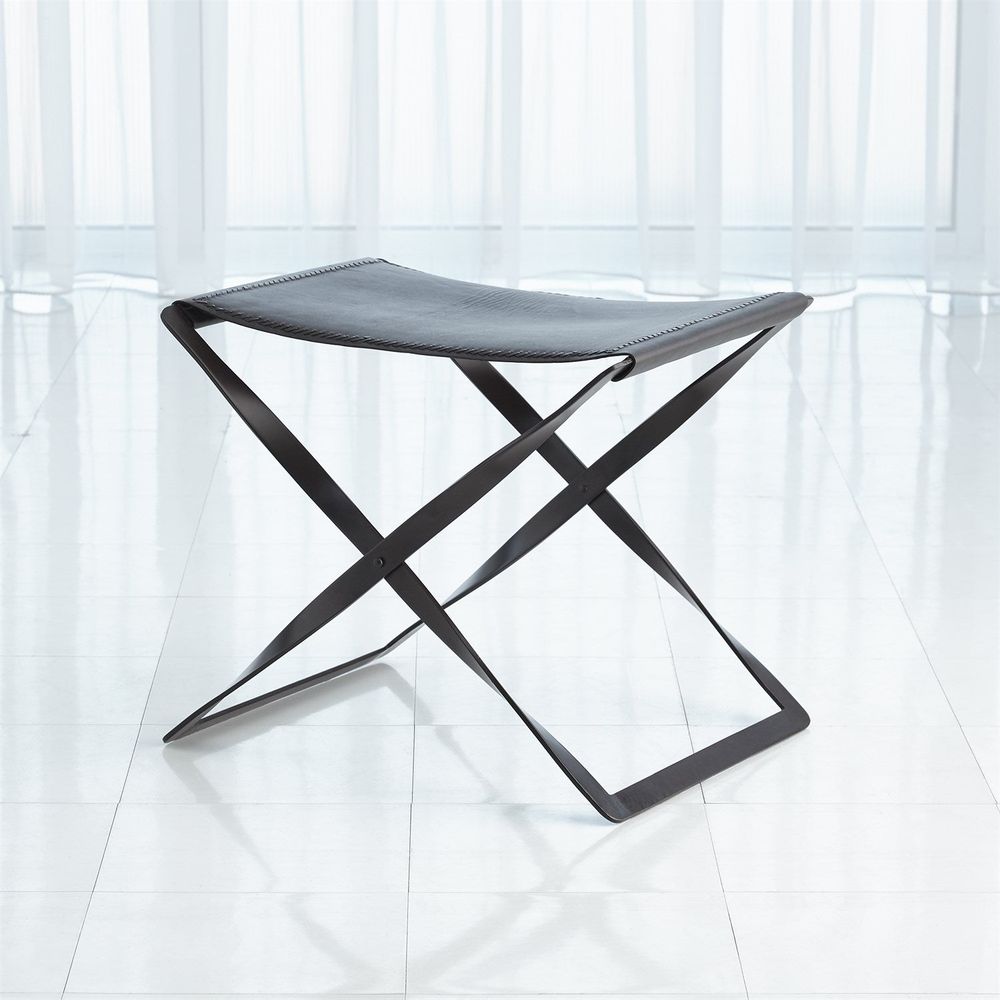 Alternate view of Folding Stool, featuring matte finish, leather, metal, and a folding x-frame base.