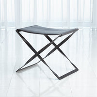 Alternate view of Folding Stool, featuring matte finish, leather, metal, and a folding x-frame base.