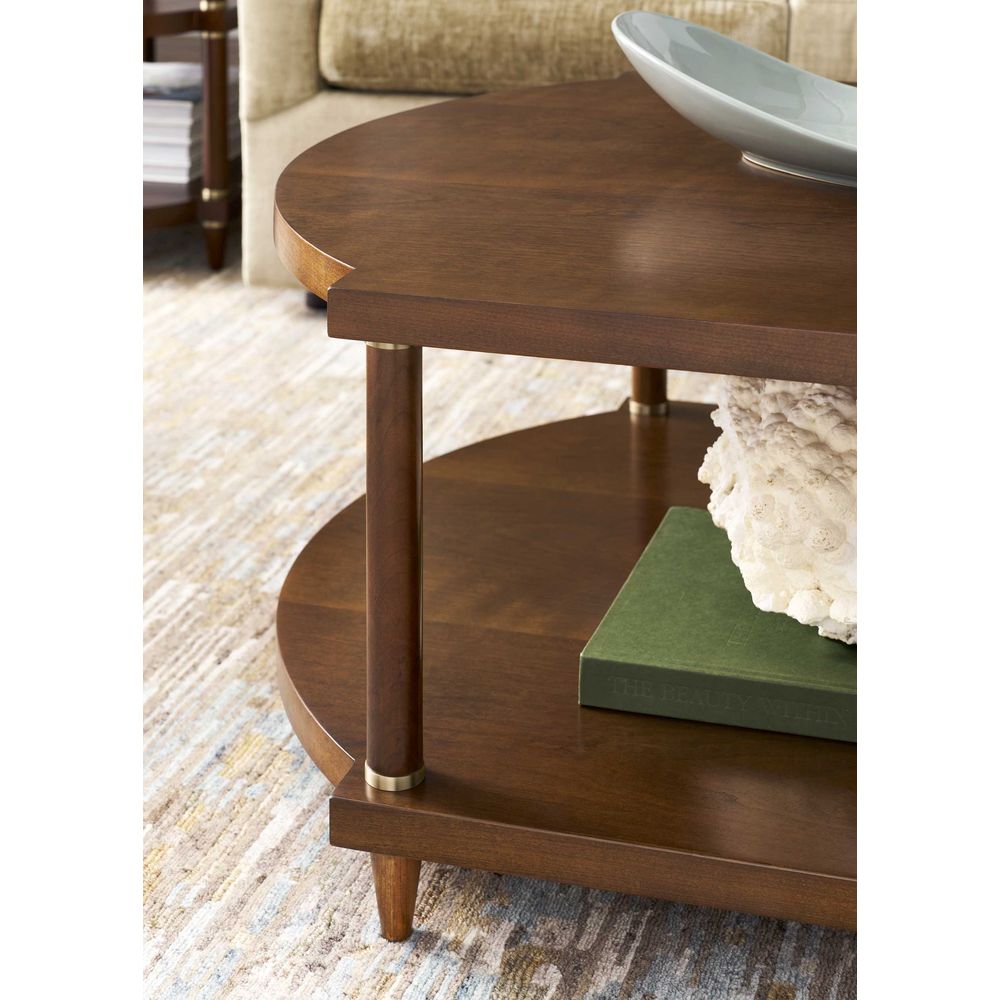Alternate view of Lainey Cocktail Table, featuring satin clear coat, wood, brass, and open lower display shelf.