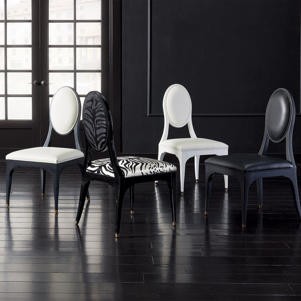 Alternate view of Harlow Zebra Dining Chair, featuring glossy lacquer, wood, fabric, and fixed armless frame.
