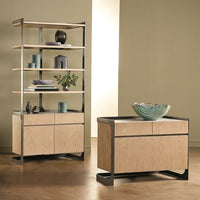 Alternate view of Element Etagere, featuring polished stone finish, wood, metal, and open display shelves.