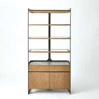 Element Etagere, shown in natural oak and dark bronze with wood, metal, and open display shelves.