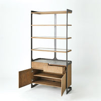 Additional view of Element Etagere in natural oak and dark bronze, featuring polished stone finish and open display shelves.