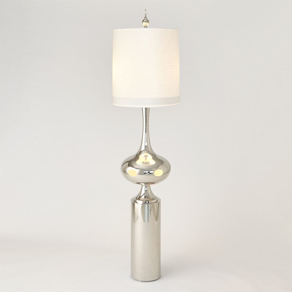 Extraterrestrial Floor Lamp, shown in polished silver and off-white with metal and fabric.