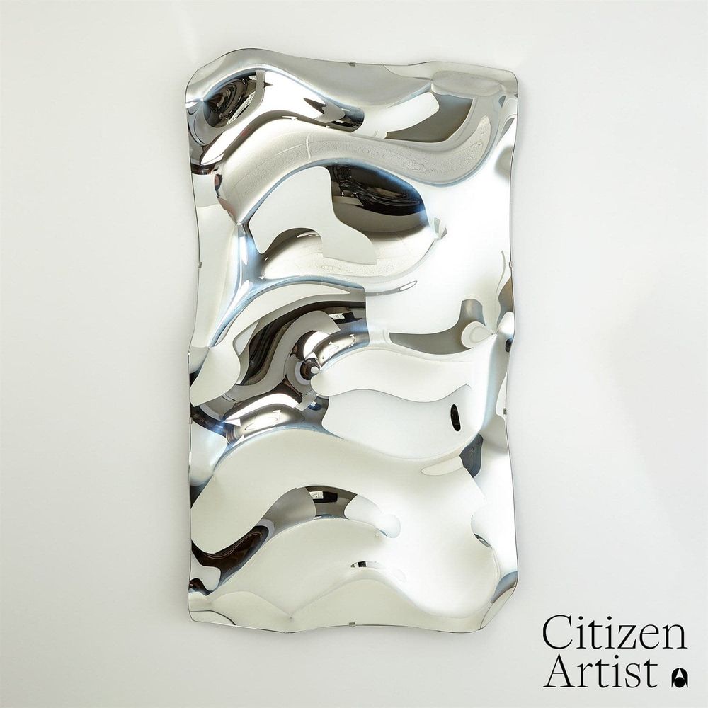 Ben Floor Mirror, shown in silver and chrome with mirrored glass, metal, and wall-mountable vertical panel.