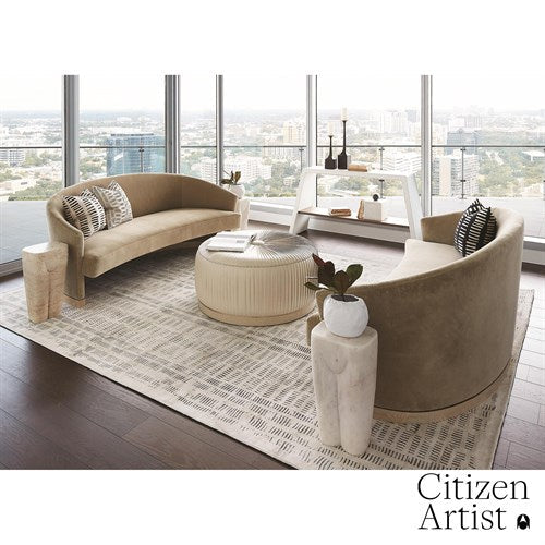 Additional view of Eddy Console in white and warm brown, featuring integrated lower display shelf.