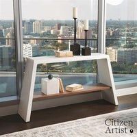 Alternate view of Eddy Console, featuring textured composite, wood, and integrated lower display shelf.