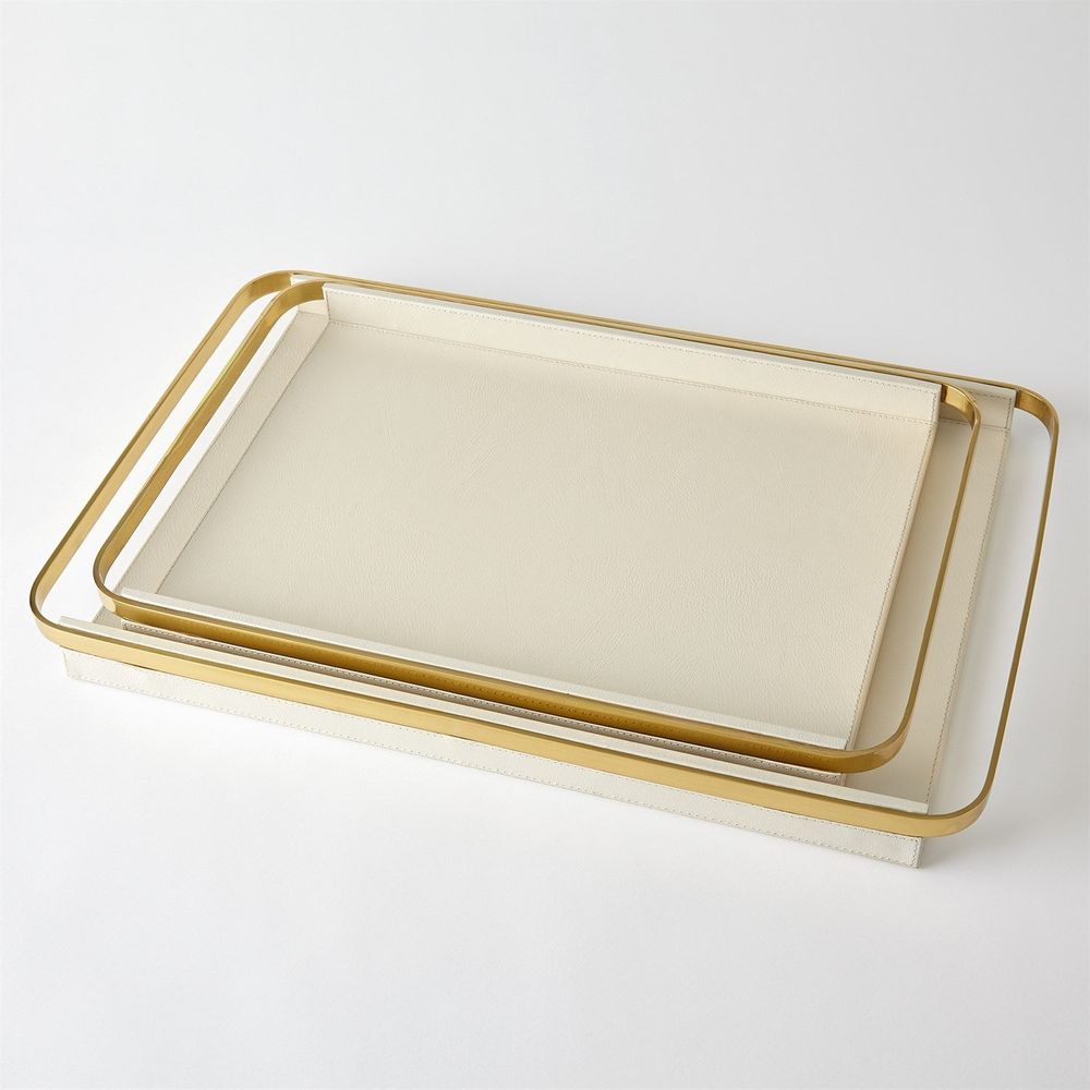 Avery Serving Tray-Milk-Lg, shown in ivory and cream with leather, metal, and raised perimeter rim.