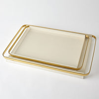 Avery Serving Tray-Milk-Lg, shown in ivory and cream with leather, metal, and raised perimeter rim.