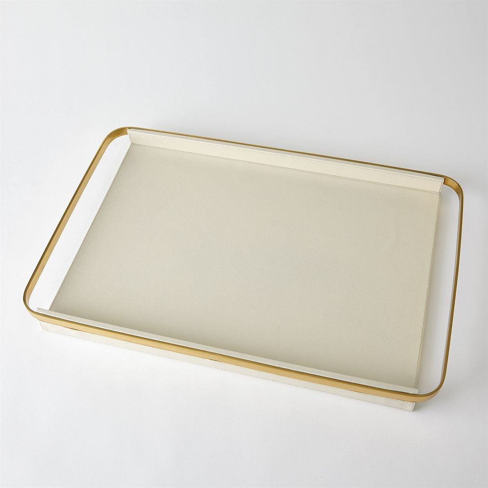 Alternate view of Avery Serving Tray-Milk-Lg, featuring polished brass finish, leather, metal, and raised perimeter rim.