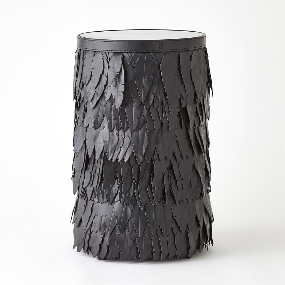Emily Martini Table, shown in black with leather, glass, and flat circular tabletop suitable for lamp or decor.