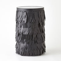 Emily Martini Table, shown in black with leather, glass, and flat circular tabletop suitable for lamp or decor.