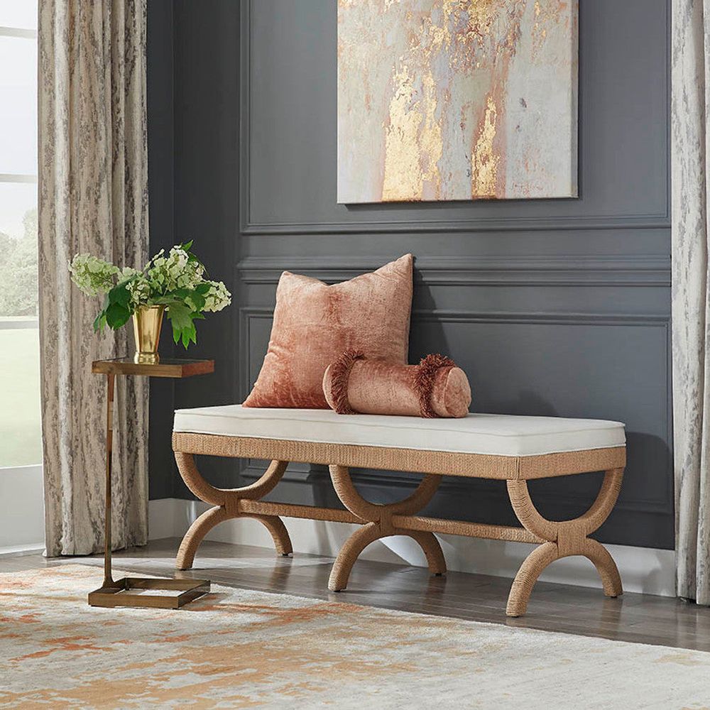 Alternate view of Xanadu Rope Wrapped Bench, featuring upholstered cushion, rope, fabric, and fixed x-base leg structure.