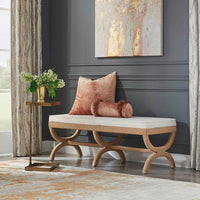Alternate view of Xanadu Rope Wrapped Bench, featuring upholstered cushion, rope, fabric, and fixed x-base leg structure.