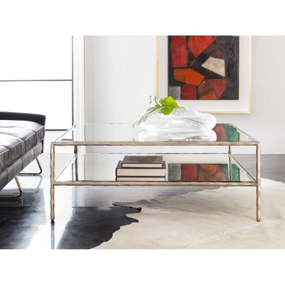 Additional view of Organic Square Cocktail in gold and clear, featuring hammered finish and two-tier open shelf storage.