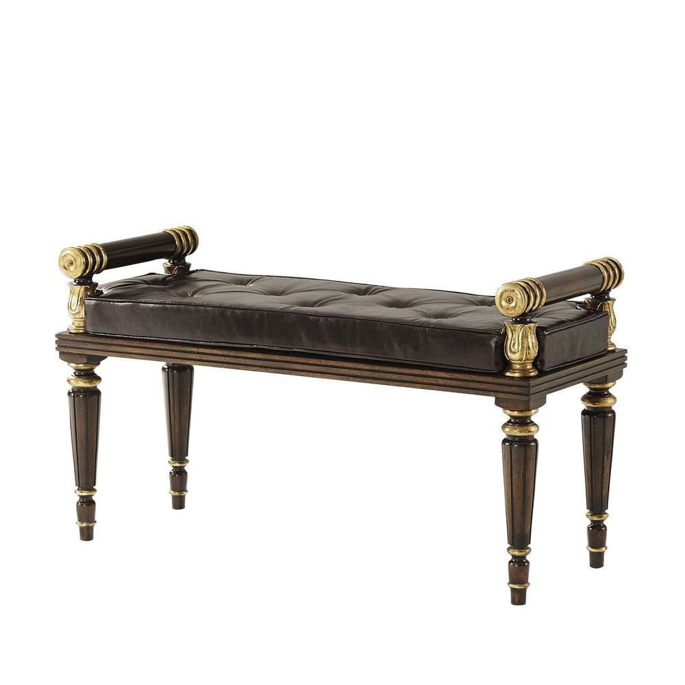 The Hall Bench, shown in dark brown and espresso with leather, wood, and fixed bolster armrests at both ends.