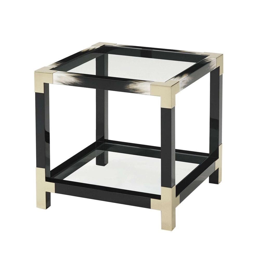 Cutting Edge Side Table, shown in black and brass gold with glass, metal, and two-tier glass surfaces.