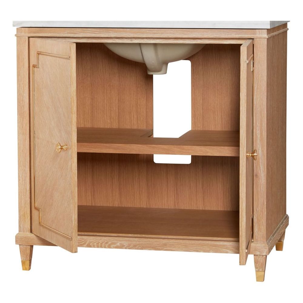 Alternate view of Noelle Vanity, featuring brushed brass finish, wood, marble, and double cabinet doors.