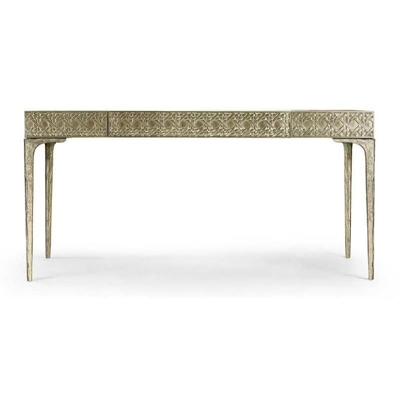 Cnoidal Cane Carved Metal Desk, shown in champagne gold and antique silver with metal.