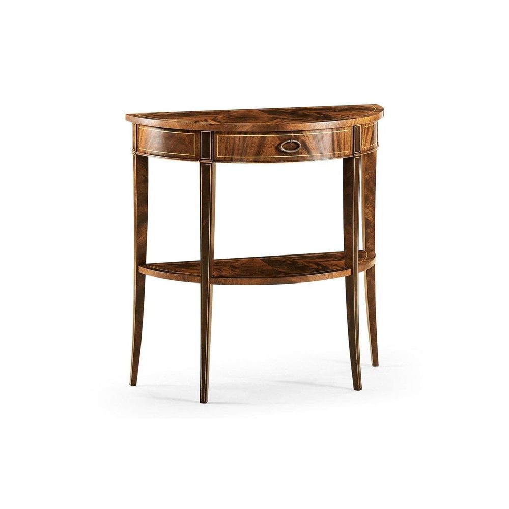 Boxwood stringing demilune, shown in warm walnut brown and amber mahogany with figured wood veneer and boxwood.