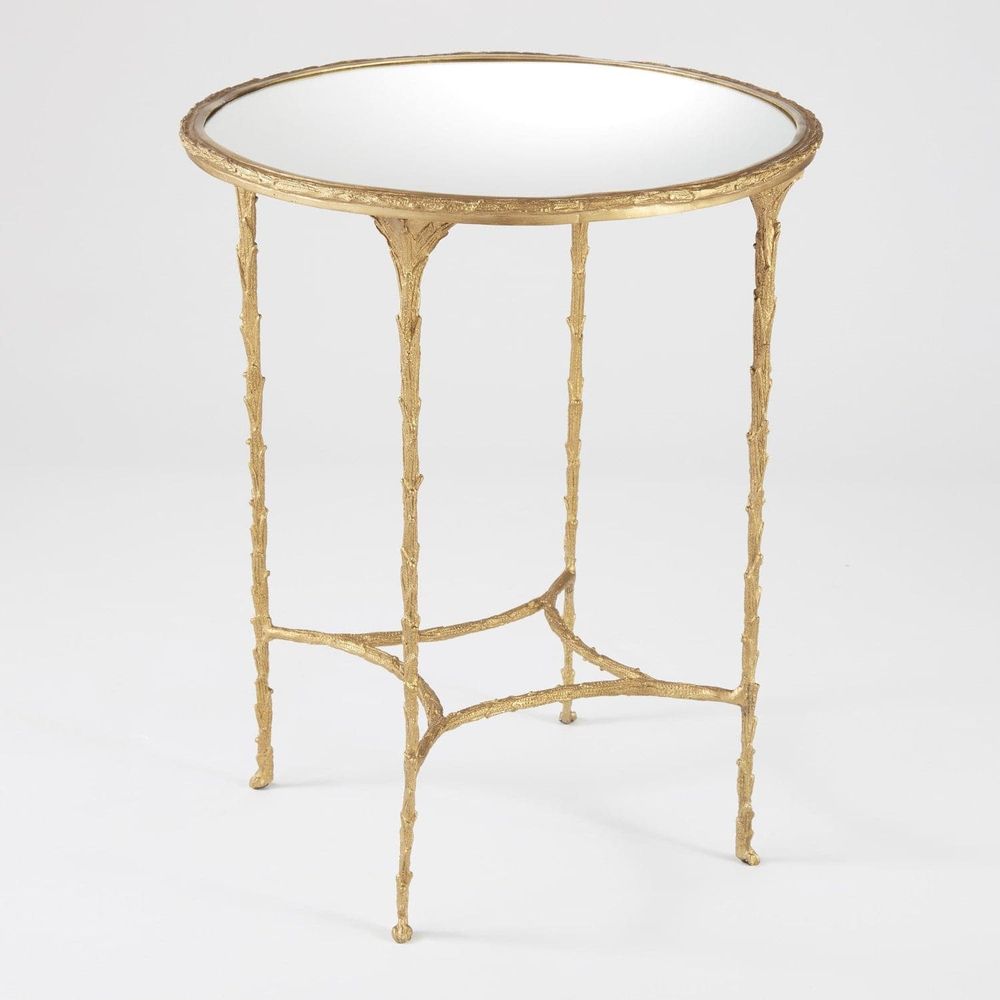 Organic Side Table, shown in gold and mirrored silver with metal, mirror glass, and round mirrored tabletop.