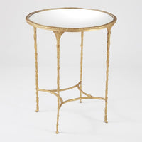 Organic Side Table, shown in gold and mirrored silver with metal, mirror glass, and round mirrored tabletop.