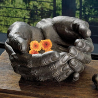Alternate view of Grande Hand Bowl, featuring patinated finish, cast metal, bronze, and open cupped bowl cavity.