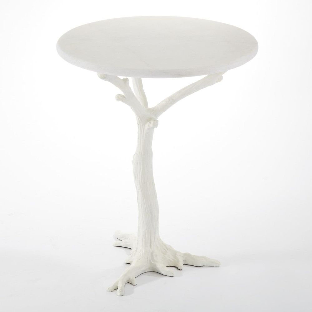 White Faux Bois Side Table, shown in white with cast resin or composite and stone-look top.