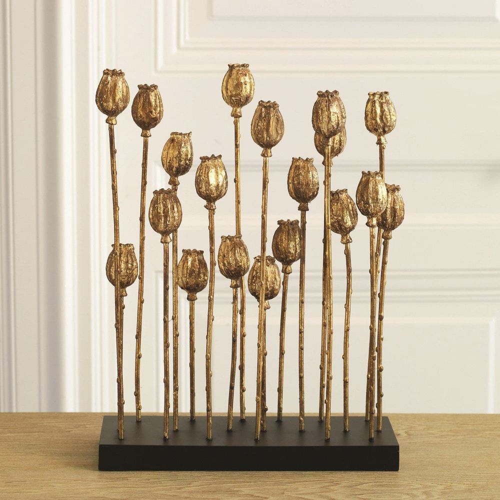 Poppy Pod Sculpture Multi, shown in gold and antique silver with metal and a freestanding rectangular base.